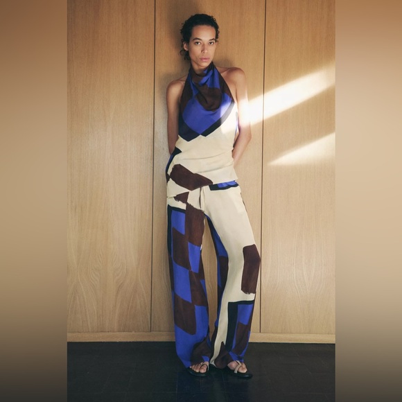 Zara Pants - Zara Blue and Brown Abstract Wide Leg Jumpsuit